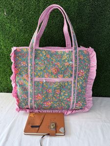 Premium Handmade Quilted Cotton Frill Tote Bag Floral Print Spacious Shoulder Carry Market Grocery Travel Bag - Product Image 3
