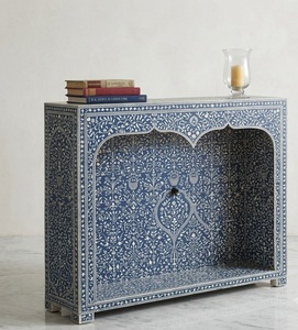 Blue Resin Bone Inlay Traditional Console Table Decorative Side Cabinet Arched Open Shelf Storage <b>Sideboard</b> Mango Wood for - Product Image 3