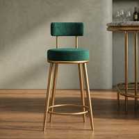 Tabouret de bar de luxe en velours vert émeraude 40 x 40 x 96 cm avec dossier et repose-pieds en métal doré
