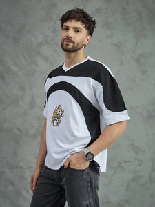 Camiseta de Manga Corta con Cuello en V para Hombre, Estilo Urbano, de Algodón Jersey Oversize, con Estampado de Llamas en la Parte Delantera, Transpirable - Product Image 5