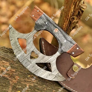Couteau Ulu de haute qualité, lame en forme de croissant à motif Damas, manche en bois véritable, étui en cuir, couteau de cuisine pour hacher - Product Image 3