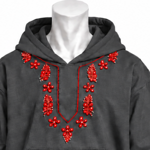 Sweat à capuche gris anthracite Indus brodé, broderie florale traditionnelle, poche kangourou, coupe décontractée, haut streetwear décontracté pour l'hiver - Product Image 3