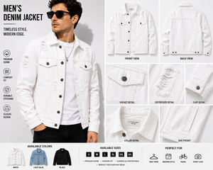 KP INTERNATIONAL <b>Men's</b> <b>White</b> Denim <b>Jacket</b> Regular Fit Frayed Distressed Turn-down Collar Casual Spring Style - Product Image 4
