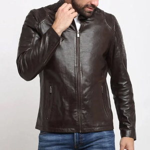 Men's Genuine Leather Moto <b>Jacket</b> Stand Collar Zipper Closure Solid Color <b>Slim</b> <b>Fit</b> Regular Length Autumn Style - Product Image 1