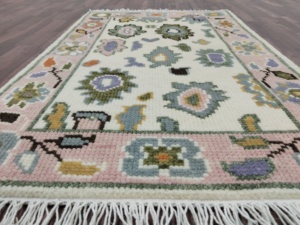 Premium Antique Handmade Woolen Oushak <b>Rug</b>, Pink Luxury Soft Pastel Floral Traditional Oriental <b>Large</b> Floor Carpet - Product Image 3
