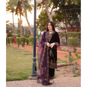 Ensemble haut et dupatta pour femme, couleur unie violette, élégant, pour soirée, avec broderie complexe et travail de sequins, 1200g, taille L - Product Image 6