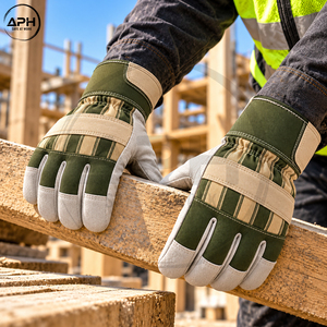 Gants de travail vert olive beige avec empiècements en tissu rayé, paume renforcée en daim gris et manchette large - Product Image 6
