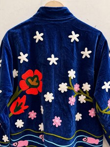 Nostalgic Character Art And Traditional Inspired Suzani Embroidery <b>Velvet</b> Jacket Artistic Playful Fusion Outwear Statement <b>Coat</b> - Product Image 6