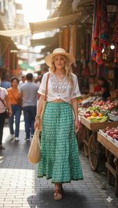 Bohemian Cotton <b>Maxi</b> <b>Skirt</b> Lightweight Summer Beach Flowy Tiered <b>Green</b> Printed Comfortable Vacation Wear - Product Image 3