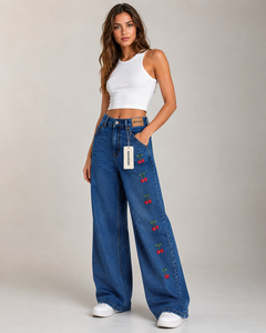 Jean taille haute à jambe large avec broderie cerise, en coton doux, grande taille, pantalon décontracté d'été pour femme, longueur complète, boutonné, OEM - Product Image 3