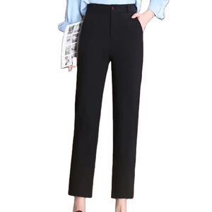 <b>Women's</b> High Waist Straight Leg Ankle-Length Pants Solid Color Crepe Fabric Breathable Anti-Wrinkle Casual Style Pockets - Product Image 4