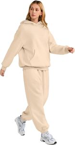 Conjunto Deportivo con Capucha para Mujer, Color Beige, Manga Larga, Estilo Casual, Holgado, Sudadera y Pantalones con Bolsillos Laterales, Ropa de Otoño - Product Image 5