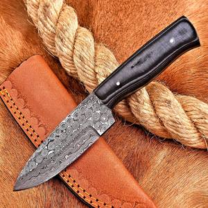 Cuchillo de Hoja Fija de Acero de Damasco Forjado con Punta Caída, Funda para Porte Vertical, Espiga Completa, OEM, para Caza y Bushcraft, Mango de Micarta - Product Image 1