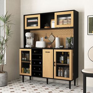 Buffet de cuisine style farmhouse de 59 pouces avec porte de rangement, prise électrique, bar à café, casier à vin et garde-manger - Product Image 4