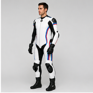Combinaison de moto pour homme en PU blanc et noir, style motard, à capuche, respirante, séchage rapide, fermeture éclair, coupe ajustée, imperméable, col ras du cou - Product Image 4
