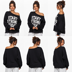 เสื้อสเวตเชิ้ตเฟรนช์เทอร์รี่แบบเปิดไหล่สำหรับผู้หญิง ปักลายขาดๆ แบบโอเวอร์ไซส์ ชายเสื้อขาดๆ ผ้าฟลีซ - Product Image 5