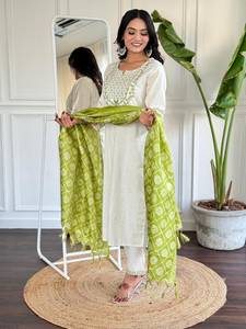 Embroidered Cotton <b>Kurta</b> Dupatta Set Traditional Indian Ethnic Wear for <b>Women</b> Wedding Party Casual Outfit - Product Image 2