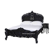 Lits français rococo faits à la main, style bois de teck massif, design antique européen, design artistique gothique, meubles noirs pour la chambre à coucher