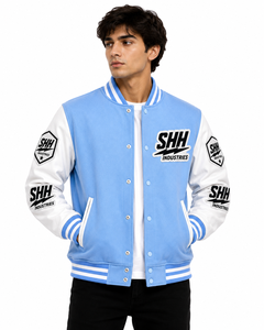 แจ็คเก็ตวาร์ซิตี้แบบกำหนดเองของ SHH INDUSTRIES สำหรับผู้ชาย ปักลายตัวอักษร แจ็คเก็ตเบสบอลทรงบอมเบอร์ แขนสีขาว สไตล์วิทยาลัย สตรีทแวร์ - Product Image 3