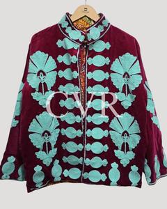 Abrigo de Terciopelo con Bordado Floral a Mano, Cuello Mandarín, Manga Larga, Talla Grande, Ropa de Invierno para Mujer - Product Image 4