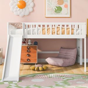 Letto a soppalco bianco a gamba bassa con scaletta e scivolo per bambini - Product Image 2