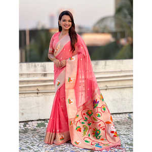 Sari indien traditionnel Paithani en organza de soie rose foncé tissé Zari, réversible toutes saisons, 450g, idéal pour les mariages - Product Image 6