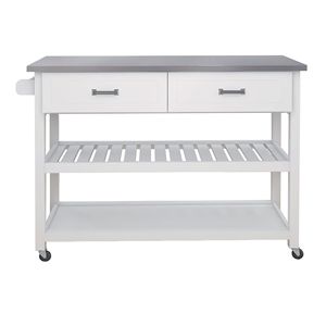 Carrello da Cucina con Piano in Acciaio Inossidabile Bianco e Due Cassetti, Prodotto per Isole e Carrelli da Cucina - Product Image 3
