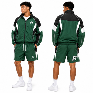 Ensemble court coupe-vent personnalisé en nylon avec fermeture éclair, style universitaire, patchwork, coupe oversize, pour hommes - Product Image 1