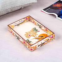 Plateau de service rectangulaire en MDF laqué, motif floral bohème avec oiseaux, épaisseur 1 cm, compatible lave-vaisselle, facile à nettoyer, multifonctionnel pour la table