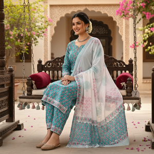 Traje Indio de Algodón con Estampado Floral Blanco y Azul para Mujer |   Salwar Kameez Punjabi de Alta Calidad con Estampado a Mano |   Conjunto de Ropa Casual Étnica - Product Image 2