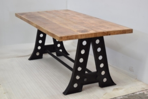 Industrial Mango <b>Wood</b> Dining <b>Table</b> with Perforated Metal Trestle Base Modern Loft Style Furniture Farmhouse Home Hotel Villa - Product Image 3