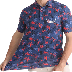 เสื้อโปโลแขนสั้นสีน้ำเงินกรมท่าพิมพ์ลายดอกไม้สีชมพูและสีดำสำหรับผู้ชาย ผ้าโพลีเอสเตอร์ถักแห้งเร็ว สวมใส่สบายๆ - Product Image 2