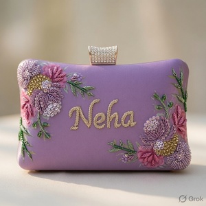 Handmade <b>Purple</b> Floral Embroidered Satin <b>Clutch</b> with Beaded Flowers and Neha Name Personalization 7 Inch for Evening Use - Product Image 3