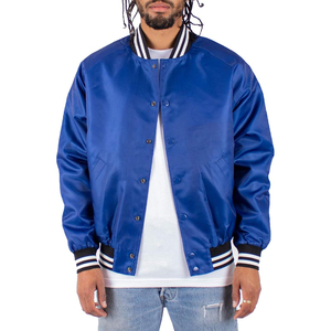 <b>Men's</b> Royal Blue Varsity <b>Jacket</b> Solid Color Button Closure Turn-down Collar Casual Style Autumn Wear Regular Fit Satin Lining - Product Image 1