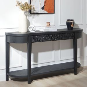 59.2in Elegant Black Carved Wooden <b>Console</b> <b>Table</b> with Lower <b>Storage</b> Shelf Two Drawers Decorative Accent for Entryway Living Room - Product Image 2