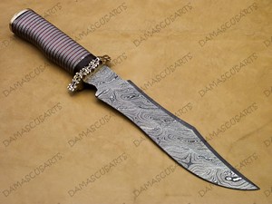 Cuchillo de caza DIY OEM de acero de Damasco con mango de acero inoxidable, espiga completa, hoja fija dentada, alta durabilidad para exteriores - Product Image 5