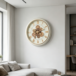 Moving gear wall <b>clock</b> 18 inch white vintage rustic frame with <b>silent</b> bronze gold numbers for home décor - Product Image 4