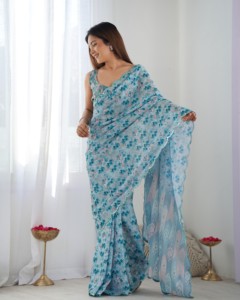 Elegante Saree Tradicional de Chinnon con Borde de Encaje de Espejo de Secado Rápido para Mujer, Saree Indio para Fiestas, Colección para Todas las Temporadas - Product Image 4