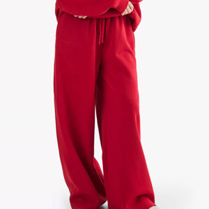 Pantalon de jogging décontracté pour femme, taille mi-haute, en molleton 100% coton respirant, coupe large évasée, style streetwear hiver, avec logo brodé - Product Image 1