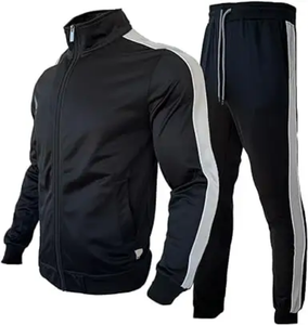 Ensemble de survêtement noir pour homme, manches longues, poche zippée, couleur unie, style sportif, vêtements d'automne, matière polyester respirante - Product Image 1