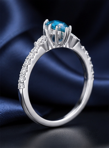 Bague de mariage en or 14 carats plaqué rhodium avec trois diamants de laboratoire bleus fantaisie taille marquise et taille triangle, bijou de mariée, cadeau - Product Image 4
