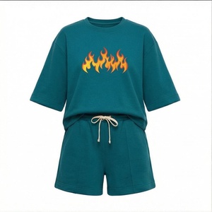 Women's 2 Piece Teal <b>Flame</b> Print Shorts Set Crew Neck Half Sleeve Loose Fit Casual Spring Summer Cotton Top and Above Knee - Product Image 1