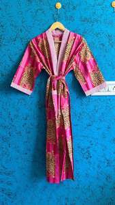 Bata Kimono de Algodón, Bata de Dama de Honor con Estampado de Bloques, Ropa de Dormir de Verano, Talla Única - Product Image 4