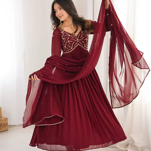 Women's <b>Ankle</b>-Length Regular-Fit Faux Georgette Gown Bid Hand Work Wrinkle-Free Quick-Dry Party Style for - Product Image 1