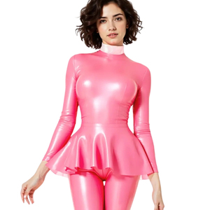 Combinaison rose en PU pour femme, col roulé, manches longues, taille froncée, coupe ajustée, longueur intégrale, couleur unie, tenue de club - Product Image 5