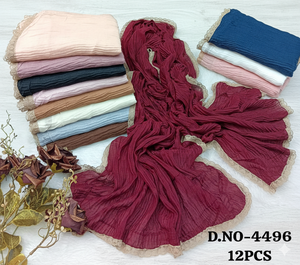 ชุดฮิญาบผ้าชีฟองพรีเมียมแบบย่น พร้อมขอบลูกไม้ลายสแกลลอป แพ็ค 12 ชิ้น หลายสี ผ้าคลุมไหล่เนื้อผสมคอตตอน น้ำหนักเบา ระบายอากาศได้ดี - Product Image 1