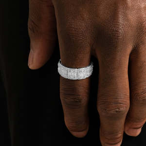 Luxury Emerald Cut Eternity <b>Ring</b> | 925 Sterling <b>Silver</b> Halo Wedding Band | Iced Out Wide Band <b>Ring</b> for Women & <b>Men</b> - Product Image 1
