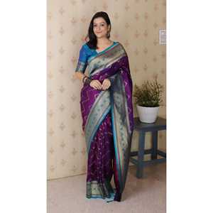 Sari en soie douce violette Elite Weaves Banarasi ZigZag Meenakari Zari tissé avec chemisier et chemise pour femme - Product Image 6