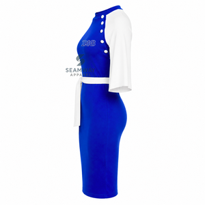 Vestido midi ajustado de mujer Zeta Phi Beta con bloques de color en contraste azul y blanco, manga tipo capa, detalle de botones y lazo en la cintura - Product Image 4