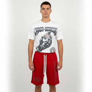 ชุดเสื้อยืดสีขาวกางเกงขาสั้นสีแดง Cyber-Genesis สำหรับผู้ชาย สไตล์สตรีทแวร์ ผ้าฝ้ายพิมพ์ลาย ชุดลำลองฤดูร้อน คอกลม กางเกงขาสั้นมีเชือกผูก - Product Image 3